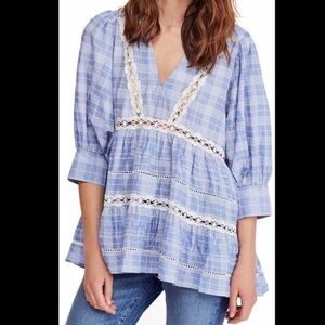 Free People Blue White Time Out Lace Blouse Top
